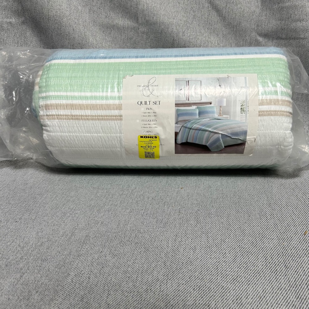 Indigo & Ivory Quilt Set King Green Blue White Striped 3pc Bedding New